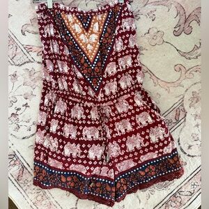 Angie Strapless Elephant Print Jumpsuit in Burgundy with Navy & Rust Accent